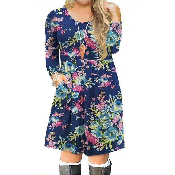 FOLUNSI Dresses & Skirts - Plus Size Casual Long Sleeve Pleated T Shirt Dress with Pockets